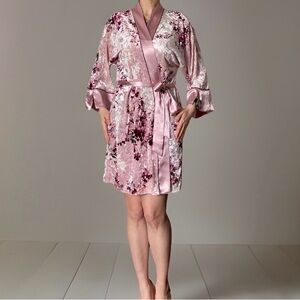 Pink Floral Velvet & Satin Kimono Robe - XS/S
